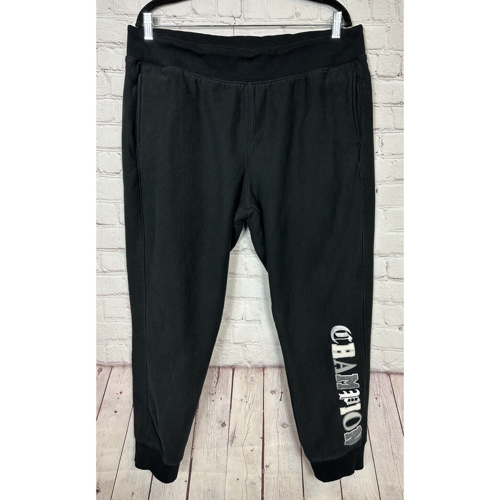 Champion Reverse Weave Sweatpants Sz L Black‎ Jogger Pants Big Logo Spell Out